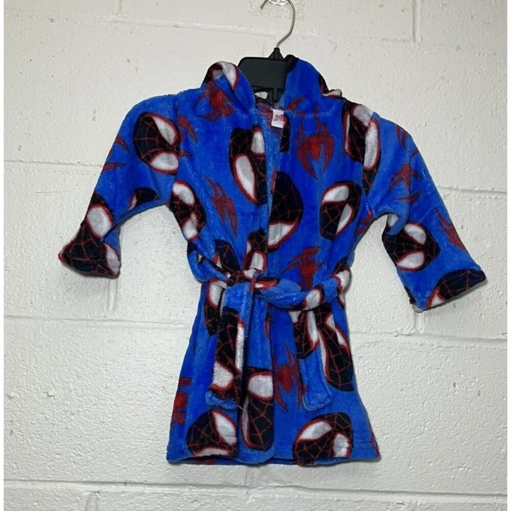 Marvel Spiderman Kids Robe XXS 2T Blue Red Fleece Belted Hooded Soft NWT